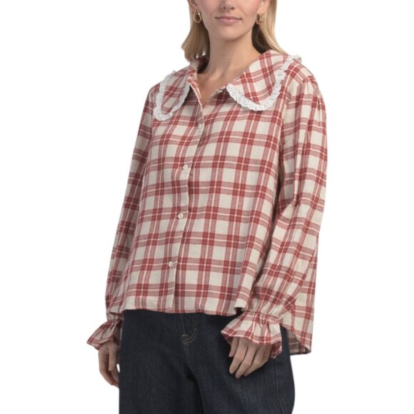 SUNDAY EDITION Plaid Peter Pan Collar Top - Picture 1 of 4